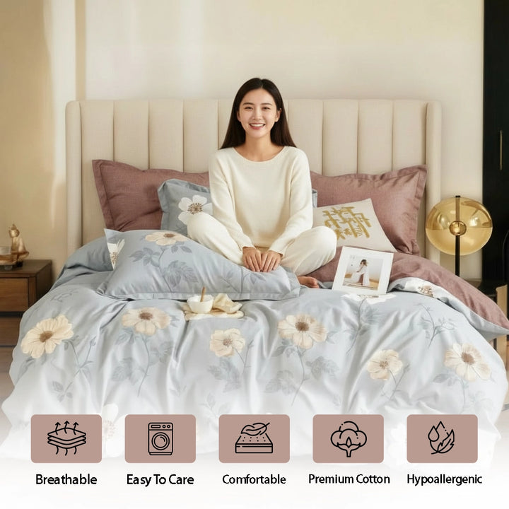 Bed styled using floral bed sheet, matching quilt cover, and coordinated pillow cover