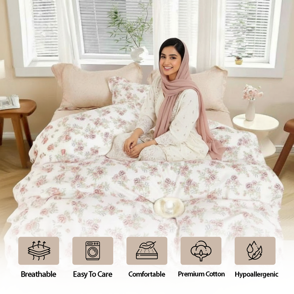 Romantic floral bedding styled with blush cushions on bed