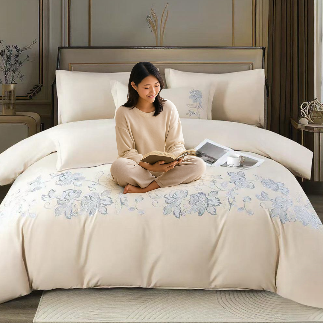 King Bedding Set 6 PCs with Blue Floral Embroidery with , Fitted Sheet & Pillow Covers(6ES74)