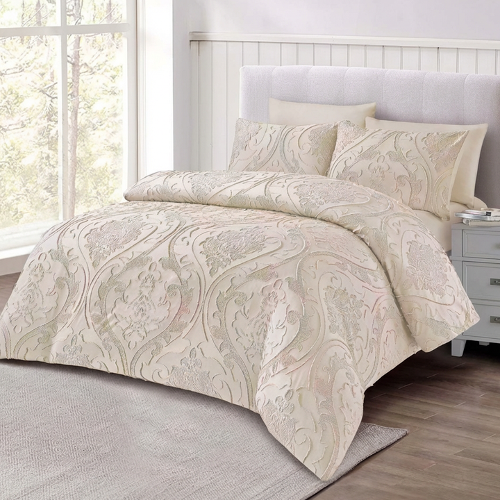 Soft beige king bedding set in modern bedroom
