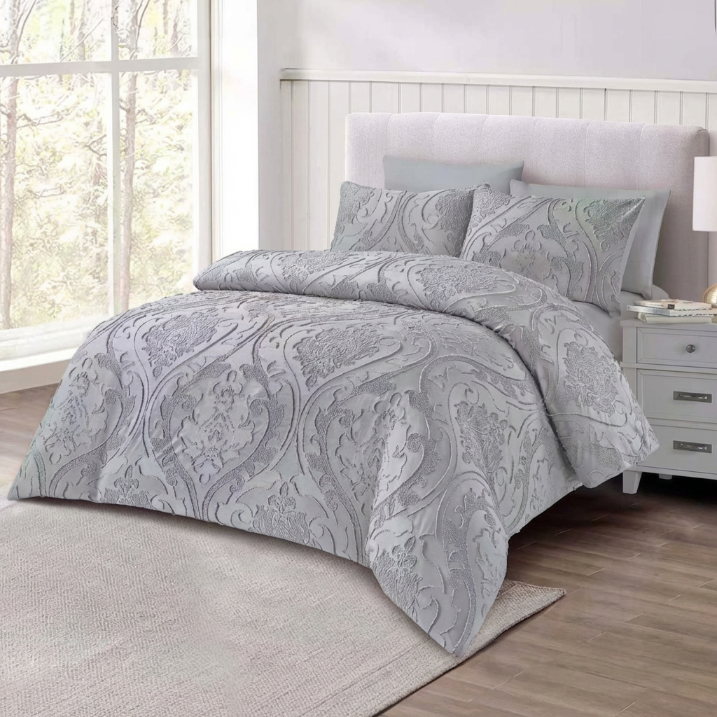Elegant grey bedding set styled in contemporary room