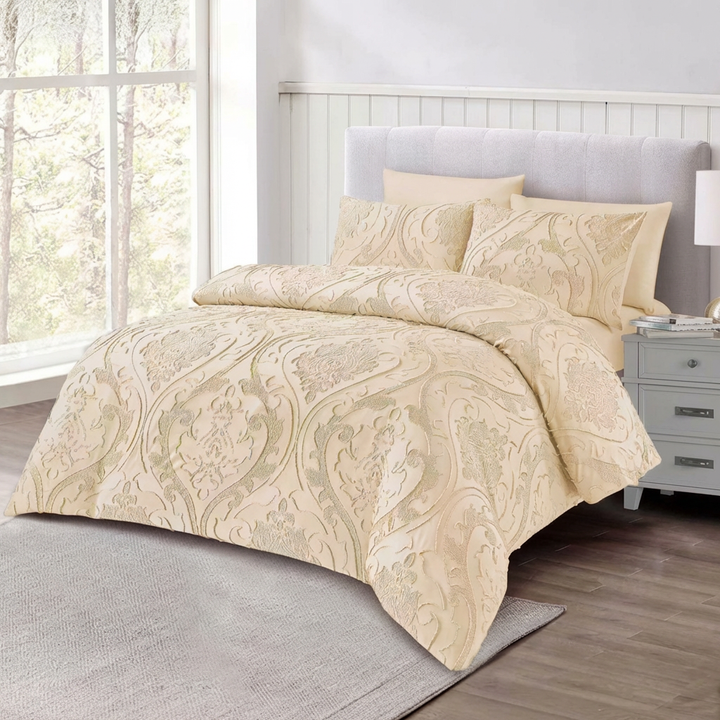 Beige king size quilted bedspread with classic floral design
