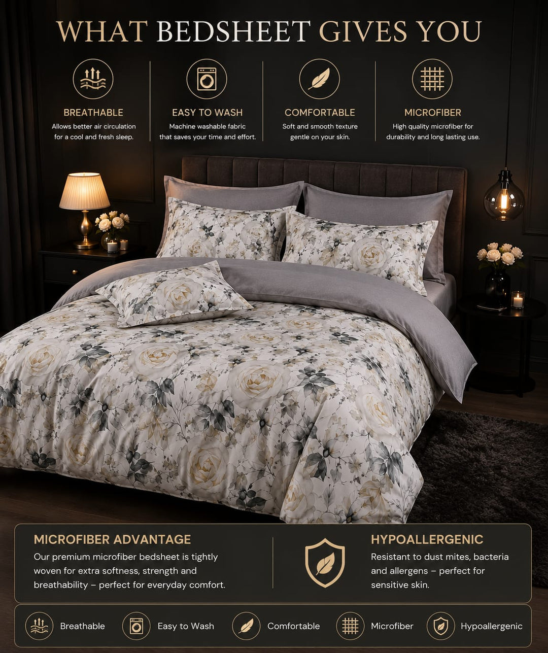 A floral microfiber bedsheet set displayed on a bed in a dark bedroom setting, with feature icons and text highlighting breathability, easy wash, comfort, microfiber, and hypoallergenic benefits.