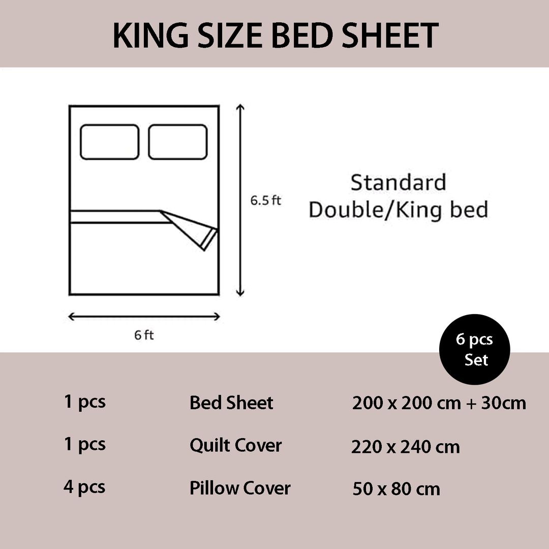 King size bed sheet set dimensions and components on a beige background