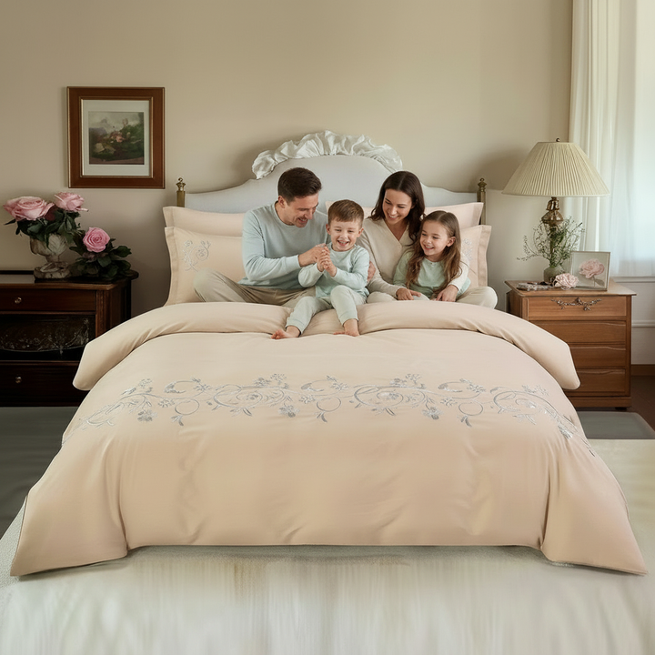 Cozy beige bed set with elegant blue floral detailing