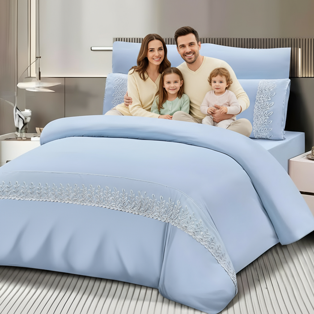 Luxury Pattern Border King Size Bed Sheets 6 PCs Set - Soft & Comfortable Set (Light Blue)
