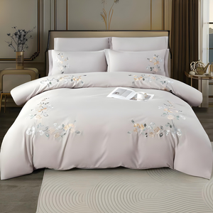 Light grey king size bedding set with floral embroidery