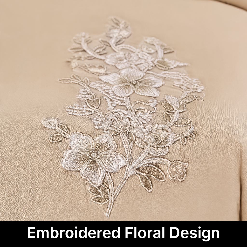 Embroidered floral design on beige in fabric uae