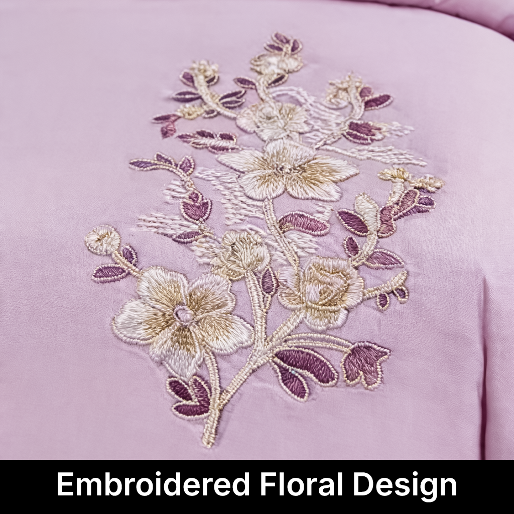 Embroidered floral design on a light purple fabric