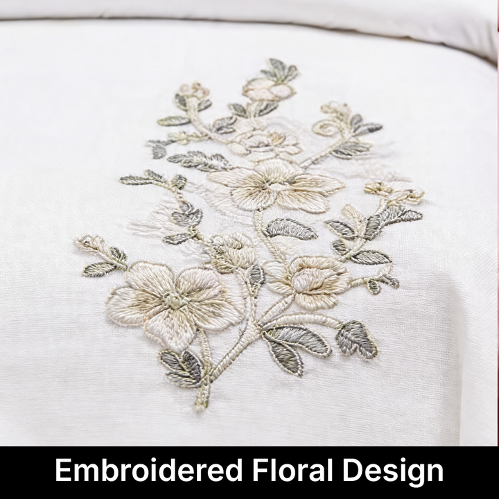 Embroidered floral design on a white fabric background
