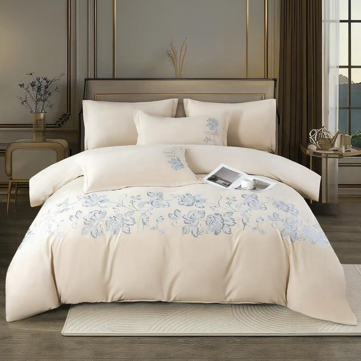 King Bedding Set 6 PCs with Blue Floral Embroidery with , Fitted Sheet & Pillow Covers(6ES74)