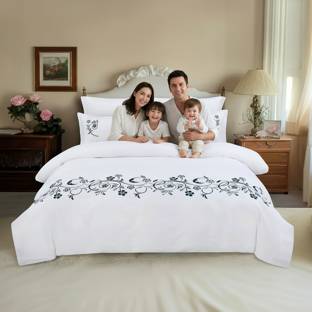 Modern bedroom styled with white and black bedding