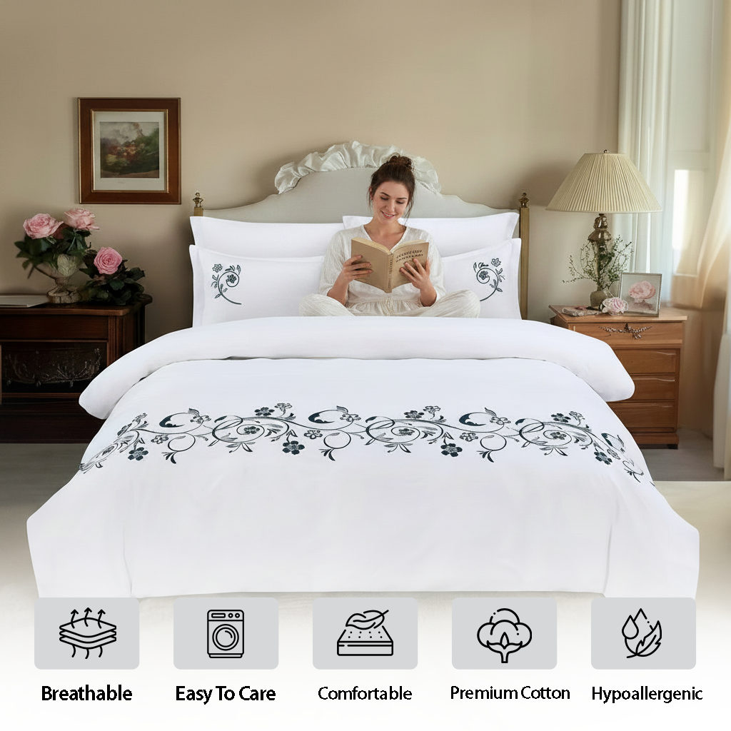 Classic white bed set with elegant black detailing in uae