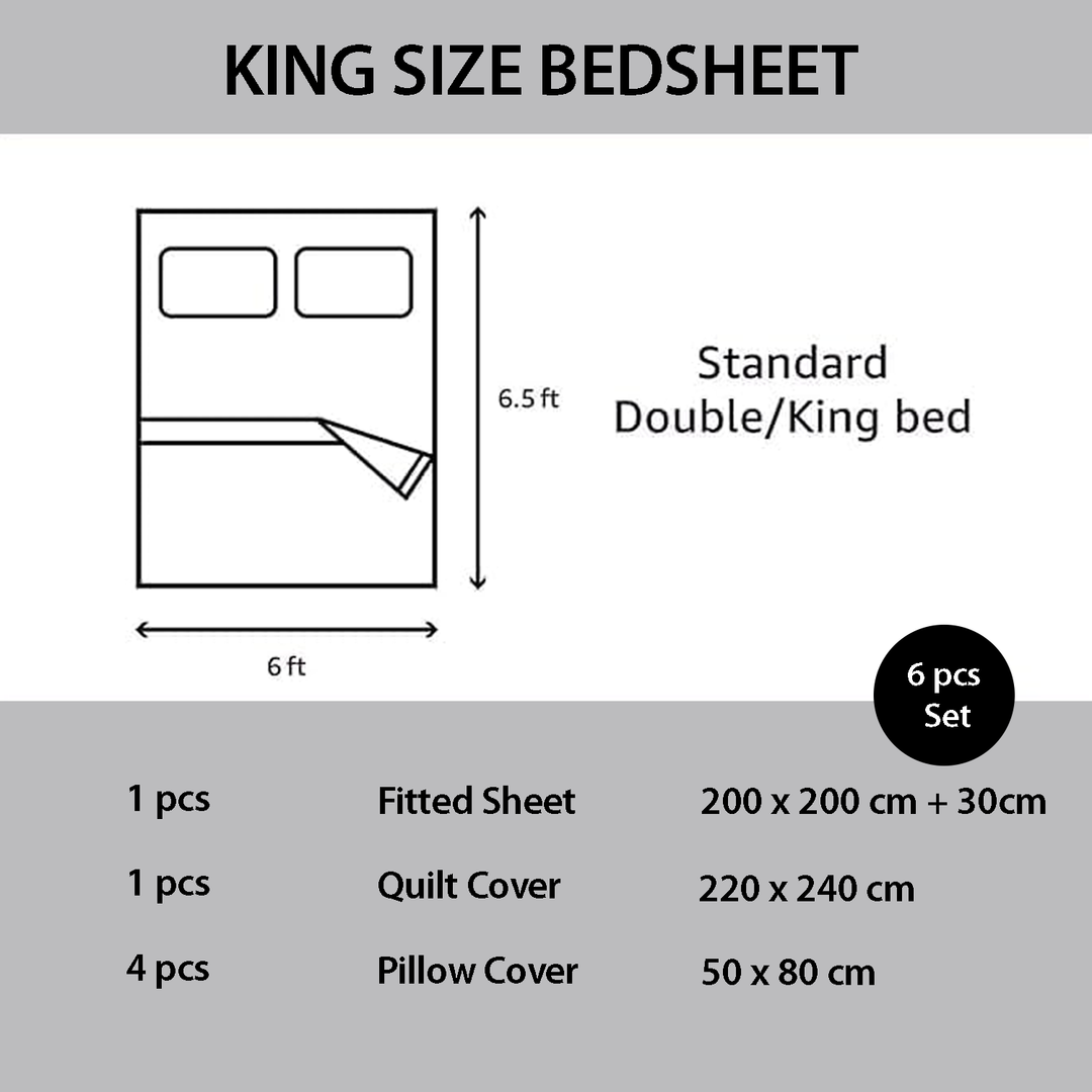 King Bed Sheet Set 6 PCs with 220x240 Duvet Cover & Extra Deep Fitted Sheet (6FM53)