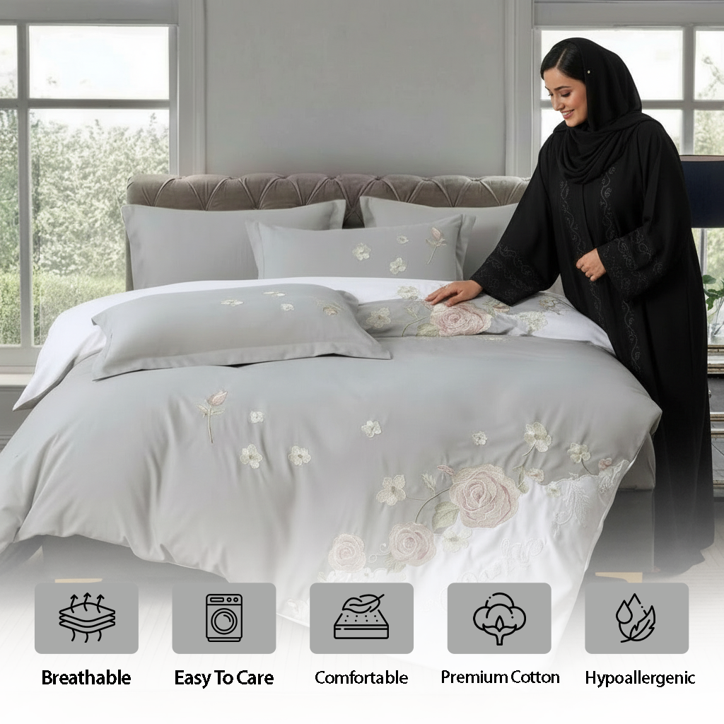 Elegant grey king quilted bedspread with floral embroidery