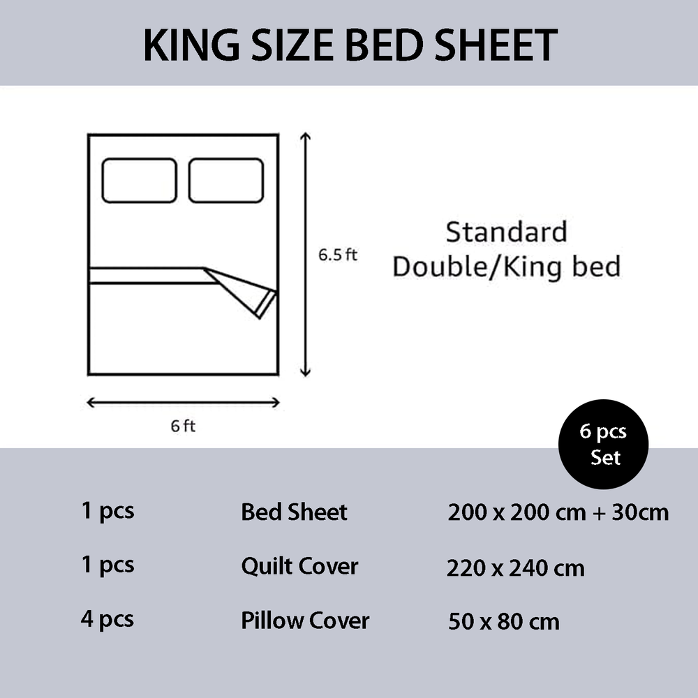 King size bed sheet set dimensions and components diagram on a gray background