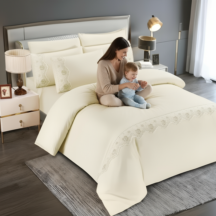King Bed Bedding Set 6 PCs with Border Design – Hotel Style Comfort & Elegance (cream)