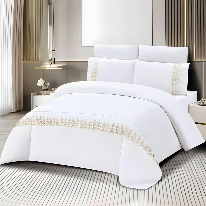 Premium Linen Bedding Set 6 PCs - Fitted Sheet, Duvet & Pillowcases Included (White Gold)