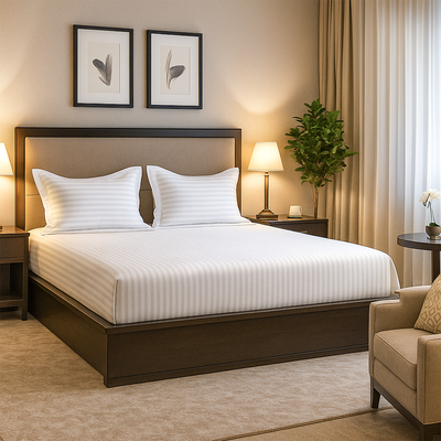 White striped bedding set including bedsheet, fitted sheet, and pillowca