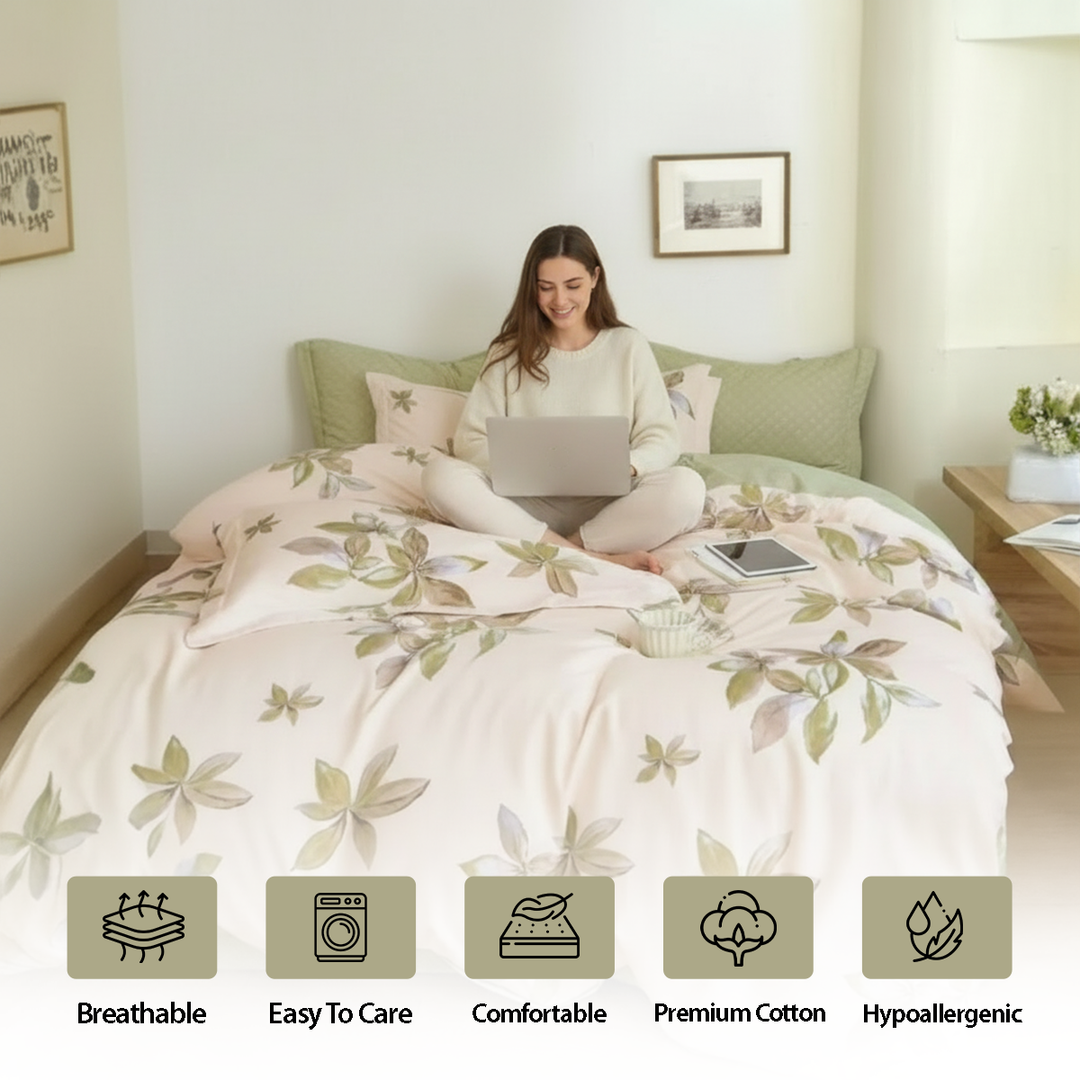 White bedding set with gentle flower print and pillows