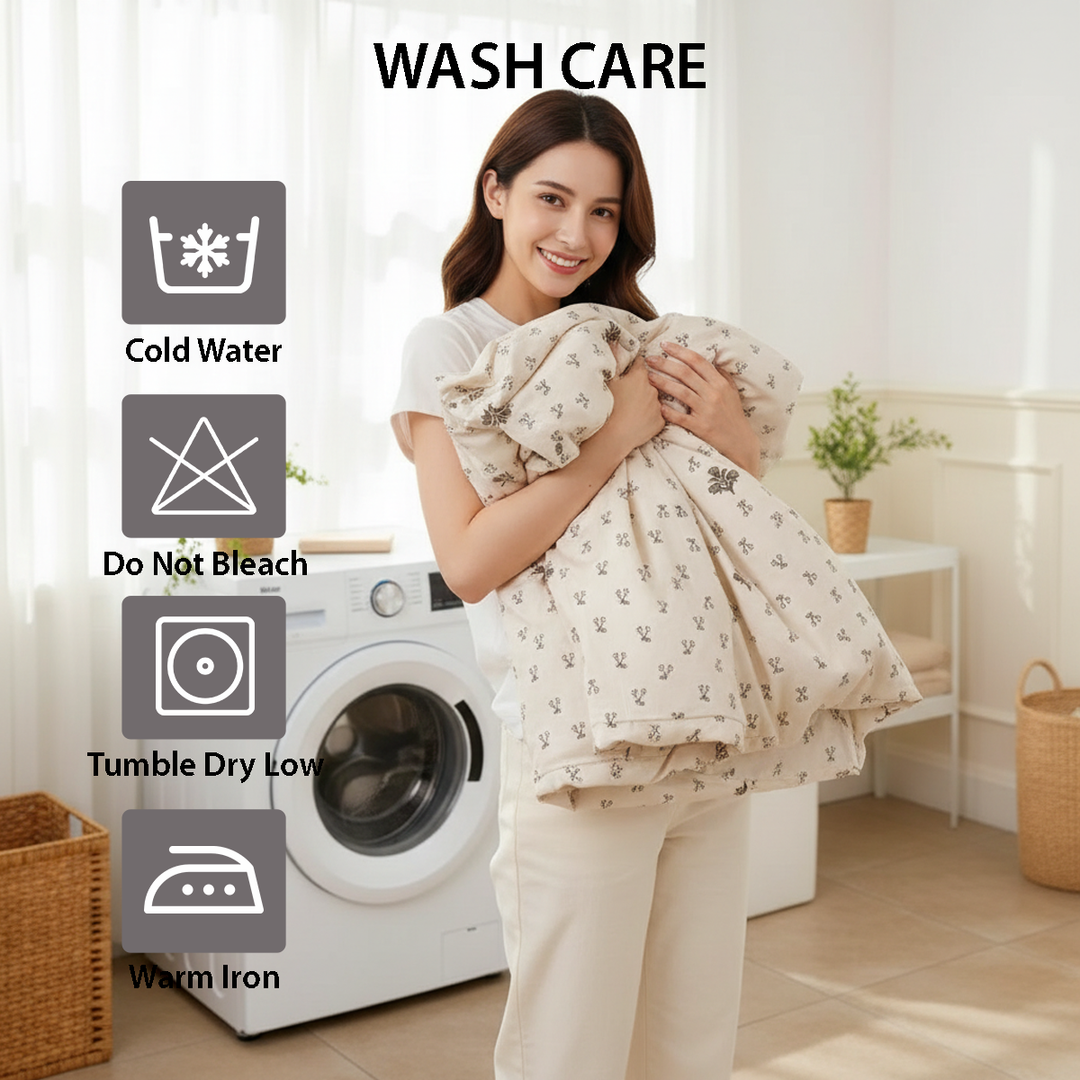 Minimal bedroom styled with delicate flower print bedding