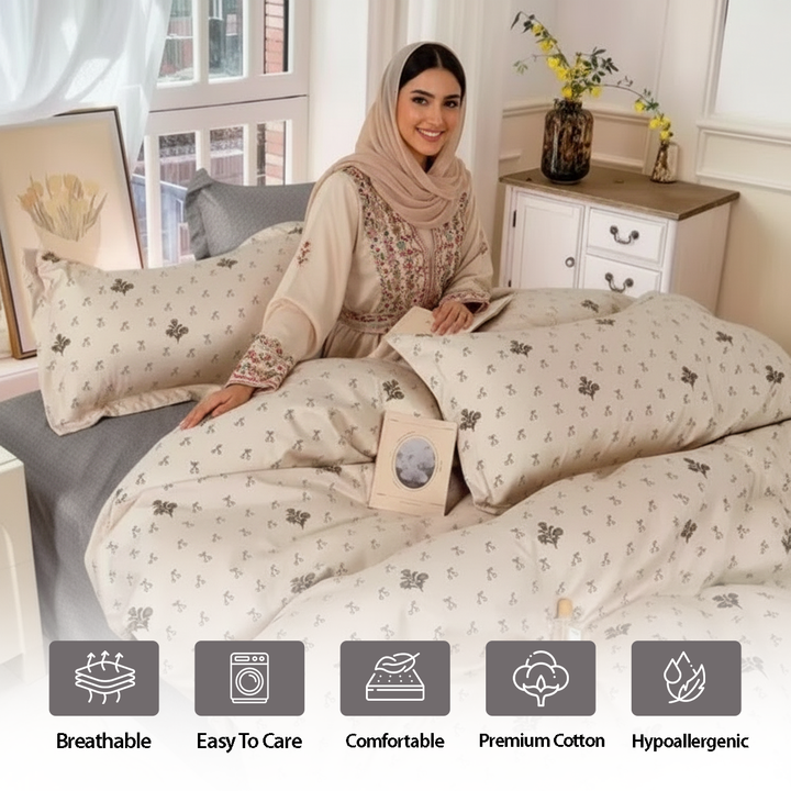 Neutral tone bedding featuring scattered flower illustrations