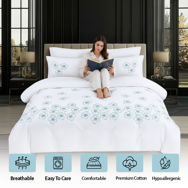 White blue embroidered bedsheet and duvet cover set king size