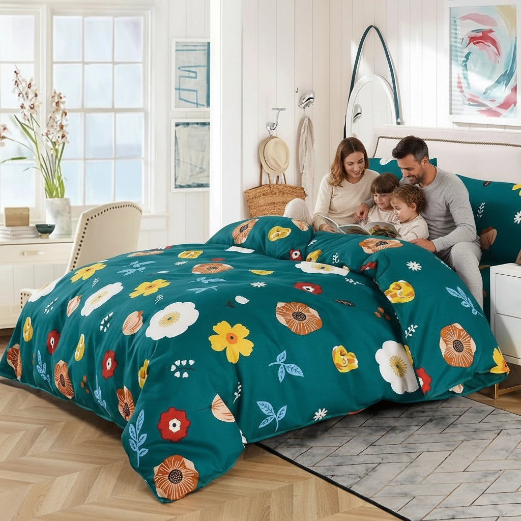 Cozy bedroom scene displaying blue bed sheet, quilt cover, and pillow cover