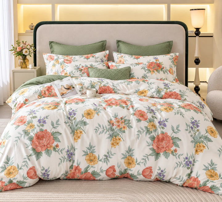 6 PCs King Size Floral Duvet Cover Set with Colorful Botanical Flower Print Bedding Set (6FS224)