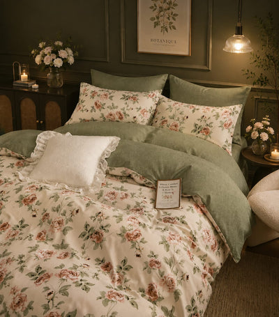 A styled bed in a dark green bedroom setting, featuring a sage green and cream floral duvet cover set with matching pillowcases and a white ruffled accent pillow.