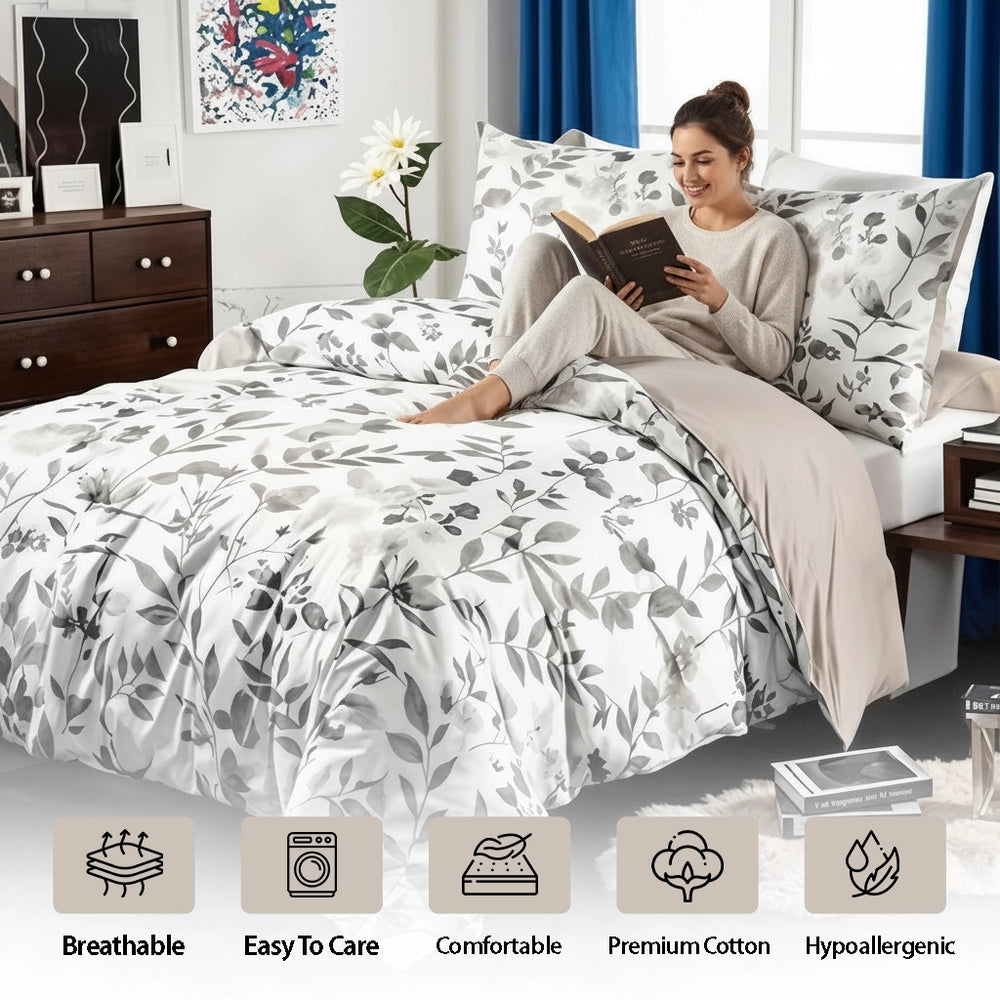 Bed dressed using botanical bed sheet, coordinated quilt cover, and pillow cover