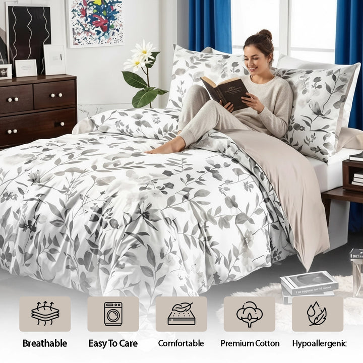 Bed dressed using botanical bed sheet, coordinated quilt cover, and pillow cover