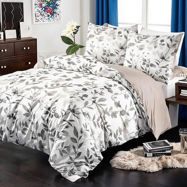 Grey leaf print bed sheet styled with quilt cover and matching pillow cover