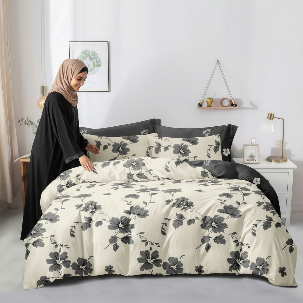 Elegant grey floral king duvet cover set