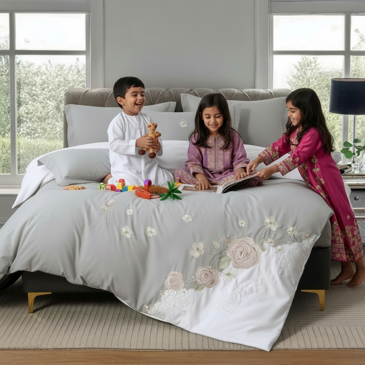 Luxury grey and white king comforter set with roses