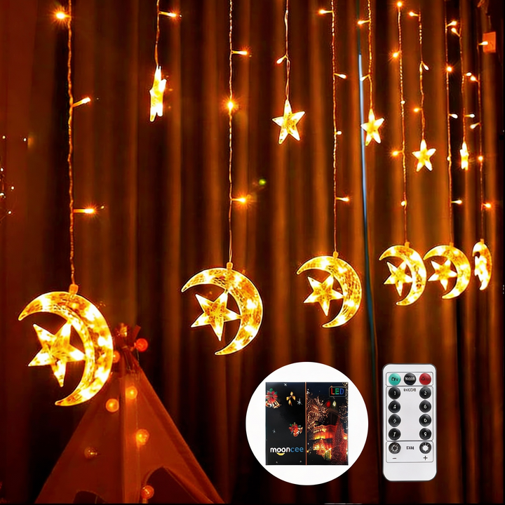 MOONCEE 138 LED Star Moon Curtain String Lights for Decor (Warm White)