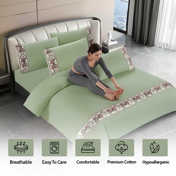 Linen Bed Sheets 6 PCs Set– King Size with Border Design, Fitted Sheet & Pillowcases(6TQ15)