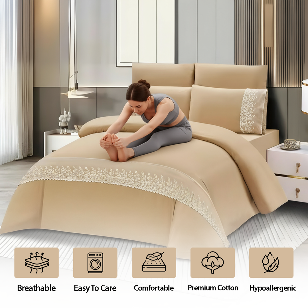 Soft & Stylish Border Design Best Bedding Set - Luxury 6 PCs Set for Every Bedroom (Beige)