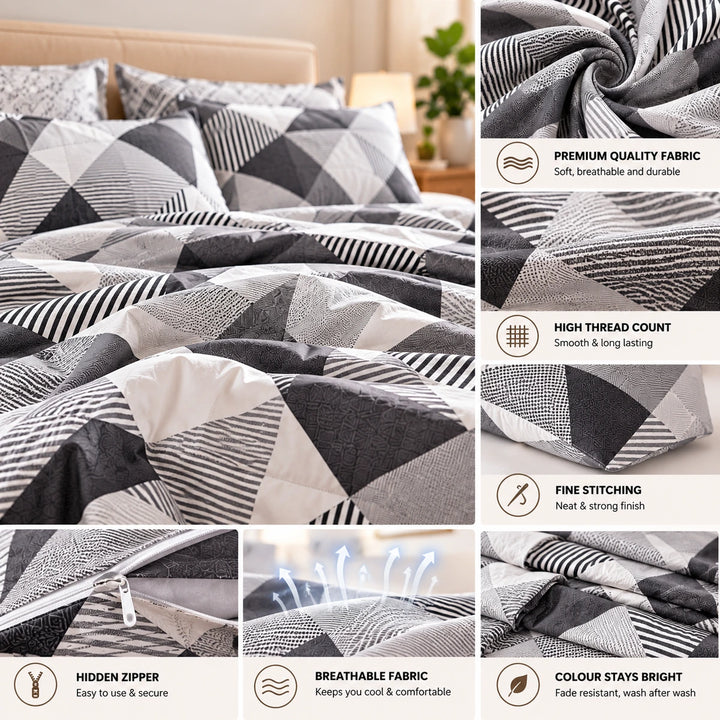 6 PCs King Size Geometric Grey Duvet Cover Bedding Set with Abstract Triangle Pattern (6FS221)