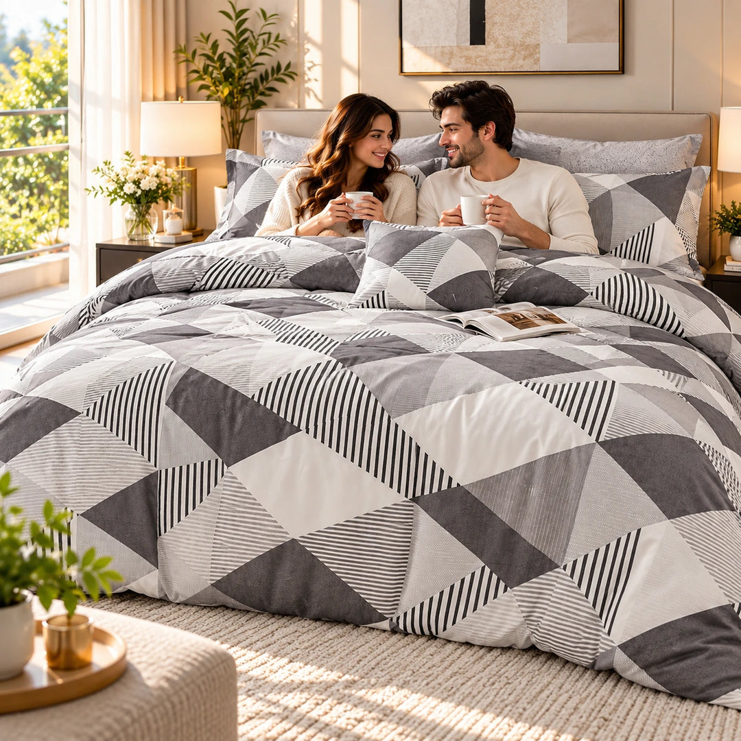 6 PCs King Size Geometric Grey Duvet Cover Bedding Set with Abstract Triangle Pattern (6FS221)