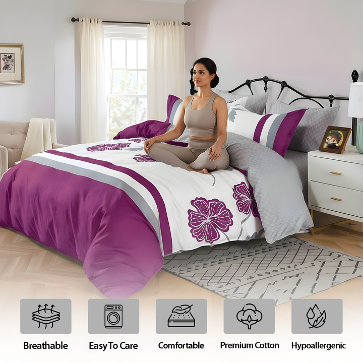 King Size Size Floral Purple Bedding Set 6 PCs – Soft & Complete Bedroom Comfort (MNC40)