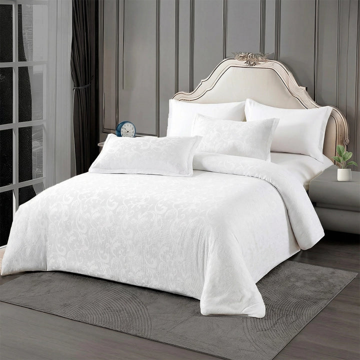 White textured bed sheet styled with quilt cover and matching pillow cover