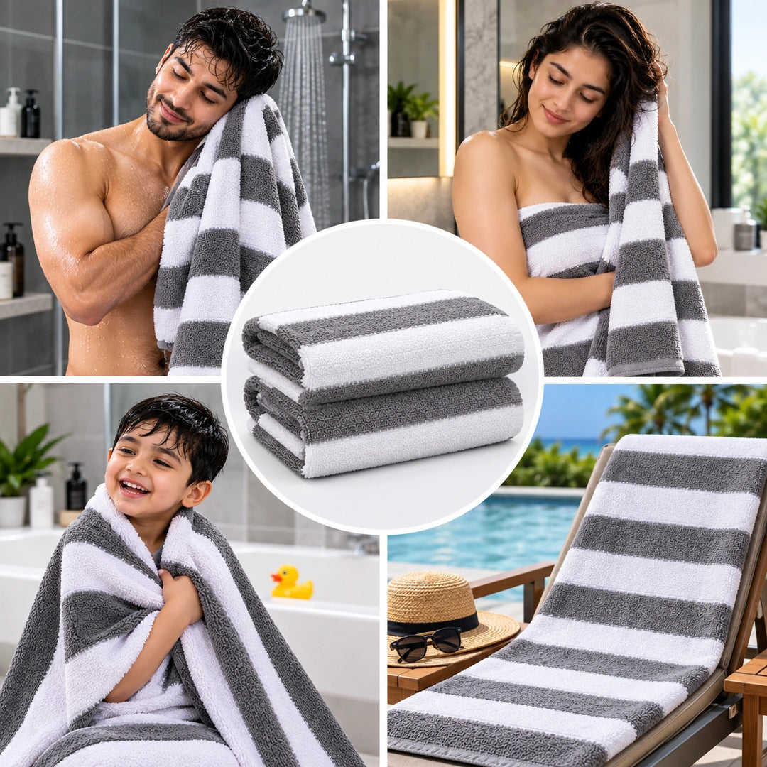4 PCs Premium 100% Cotton Bath Towel Set 600 GSM, Soft Striped Absorbent Towel Set