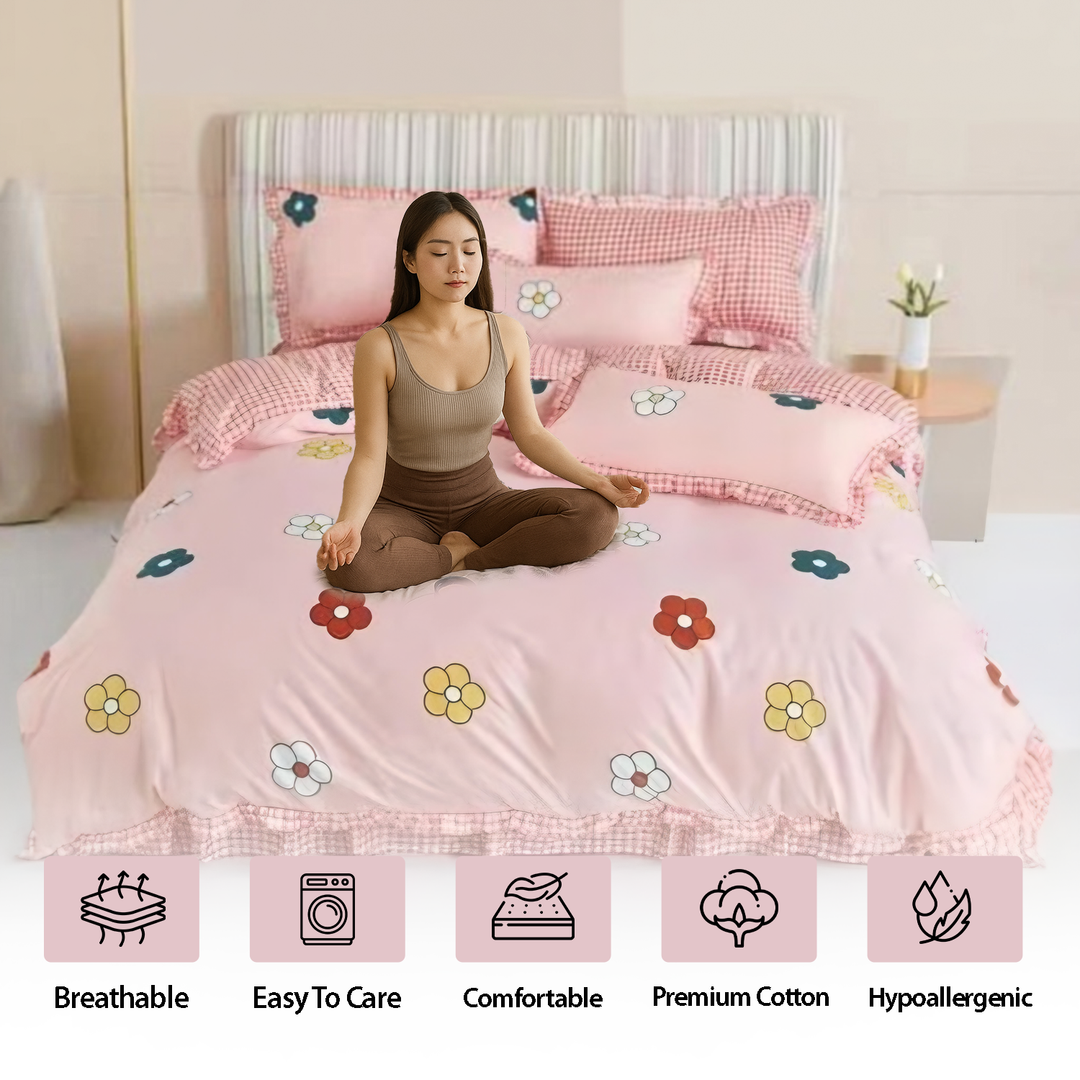 Pink Floral Checkered 6 PCs Bedding Set – Soft Cotton Fitted with Pillow Covers (6TQ05)