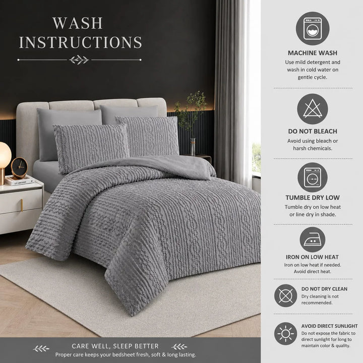 A bedroom scene showing a gray textured quilted bedding set on a bed, with a large text panel on the right giving care and washing instructions. The image includes the headline &