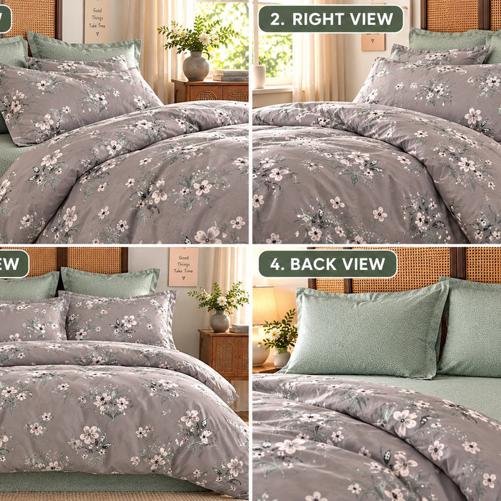 6 PCs King Size Grey Flora Bedding Set with Tiny White Duvet Cover 220x240 cm for Elegant Bedroom (6FS227)