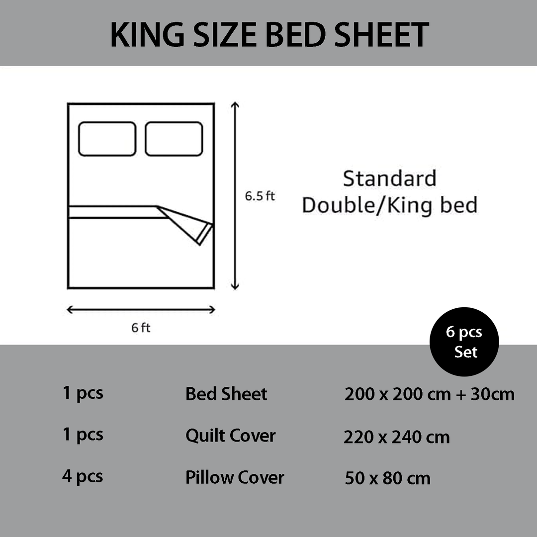 King size bed sheet set dimensions and components diagram on a gray background