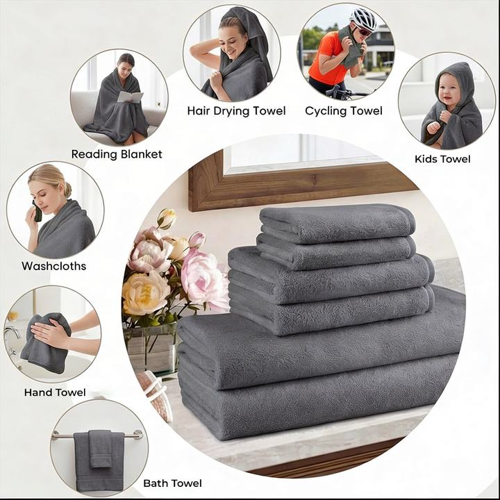 6 PCs Premium Towel Set, 2 Bath Towels, 2 Hand Towels , 2 Washcloths & Shower Towel