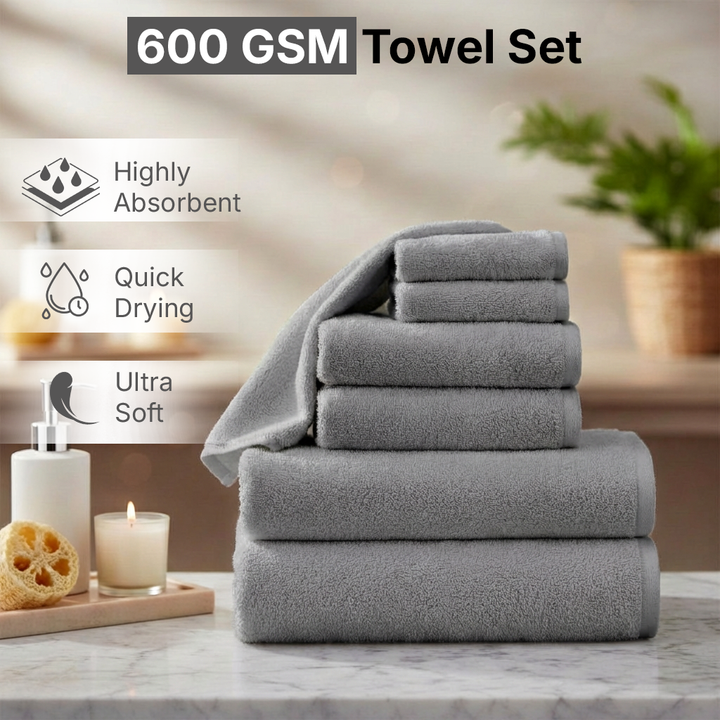 6 PCs Premium Towel Set, 2 Bath Towels, 2 Hand Towels , 2 Washcloths & Shower Towel