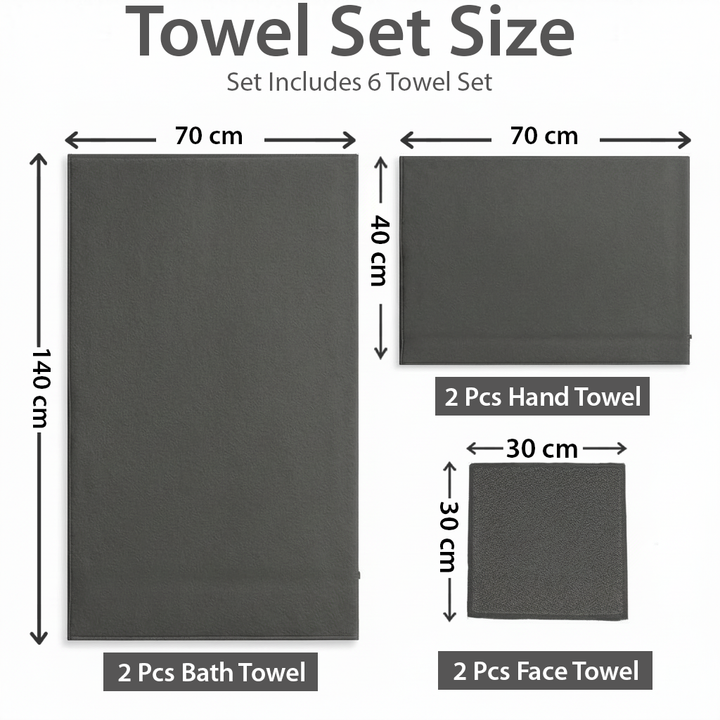 6 PCs Premium Towel Set, 2 Bath Towels, 2 Hand Towels , 2 Washcloths & Shower Towel